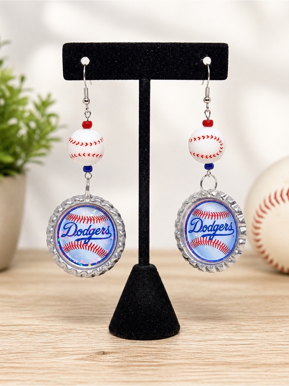 Los Angeles Dodgers Inspired Baseball Bottle Cap Dangle Earrings - White & Red